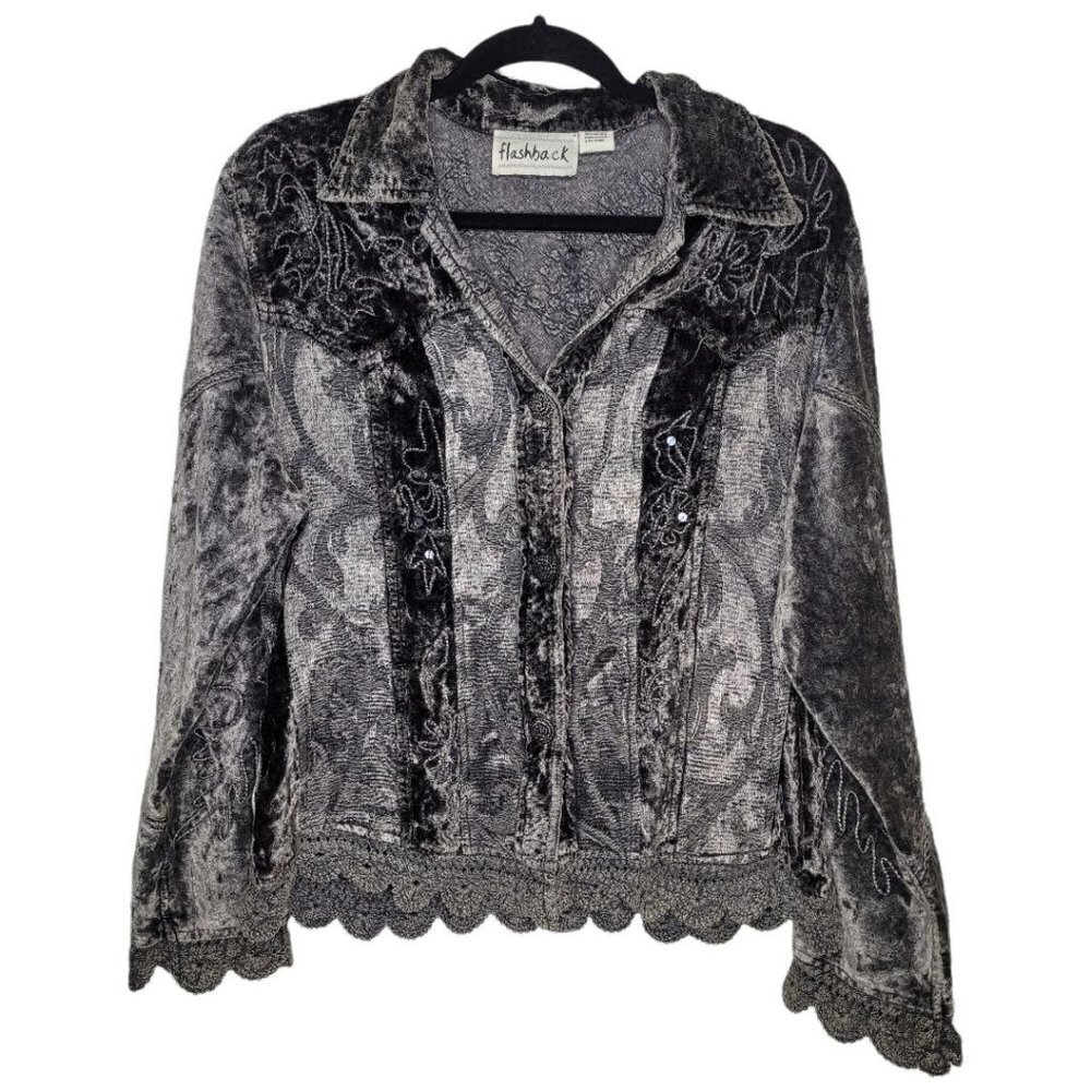 Vintage Flashback Womens Gray velvet crochet trim sequin button up jacket Medium